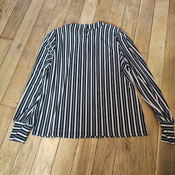 Adrianna Papell Women's Blouse Black Pastel Pink Stripe High Ruffle Collar - Picture 4 of 7